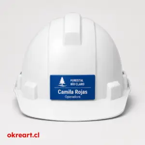 Placa azul para casco de seguridad de 6x3 cm en casco blanco, vista frontal, personalizada con nombre y cargo