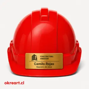 Placa Dorada para Casco de Seguridad de 8x3 cm en casco rojo, vista frontal, personalizada con nombre y cargo