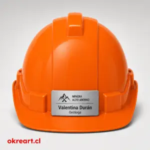 Placa plateada para casco de seguridad de 7x3 cm en casco naranjo, vista frontal, personalizada con nombre y cargo