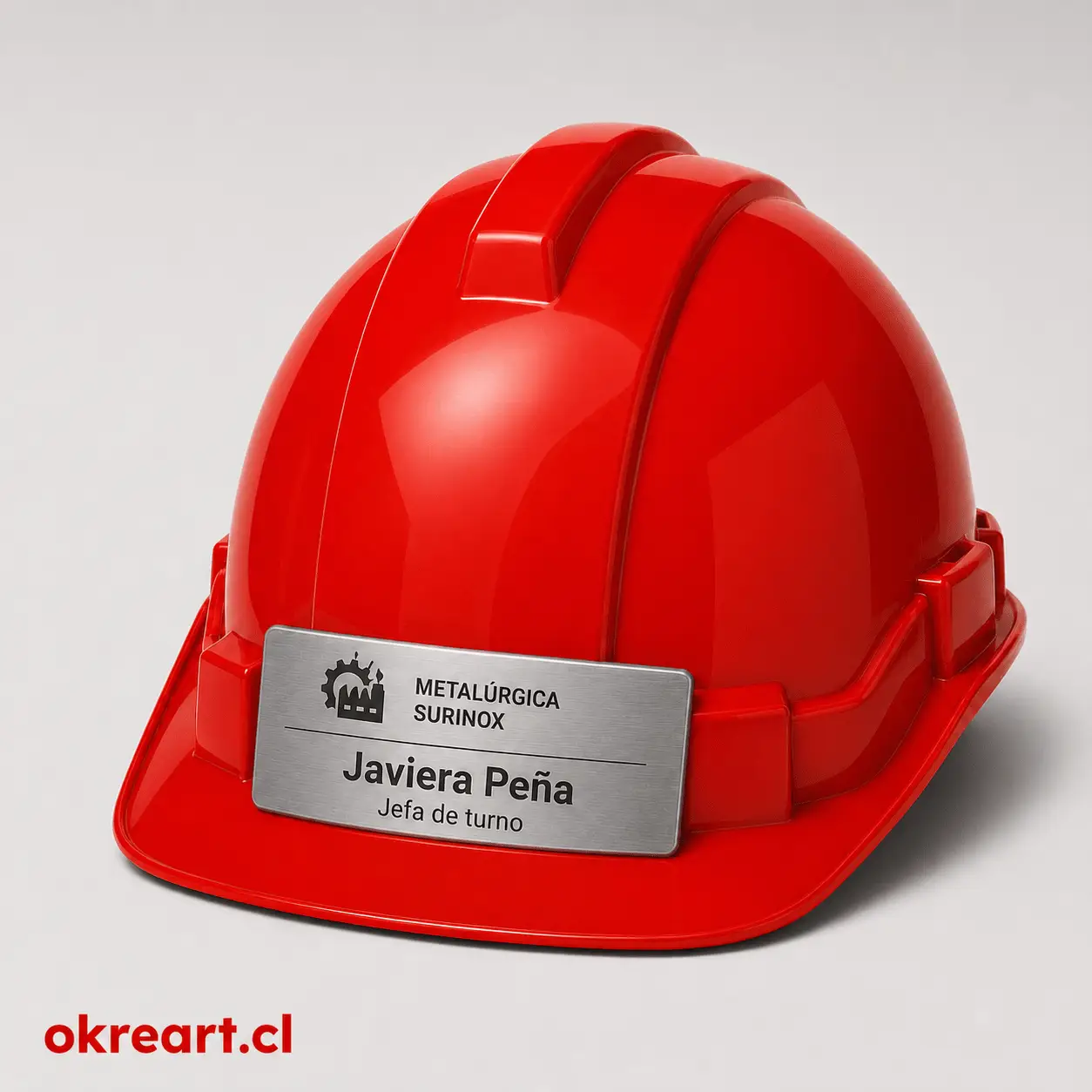 Placa plateada para casco de seguridad de 8x3 cm en casco rojo, vista ladeada, personalizada con nombre y cargo
