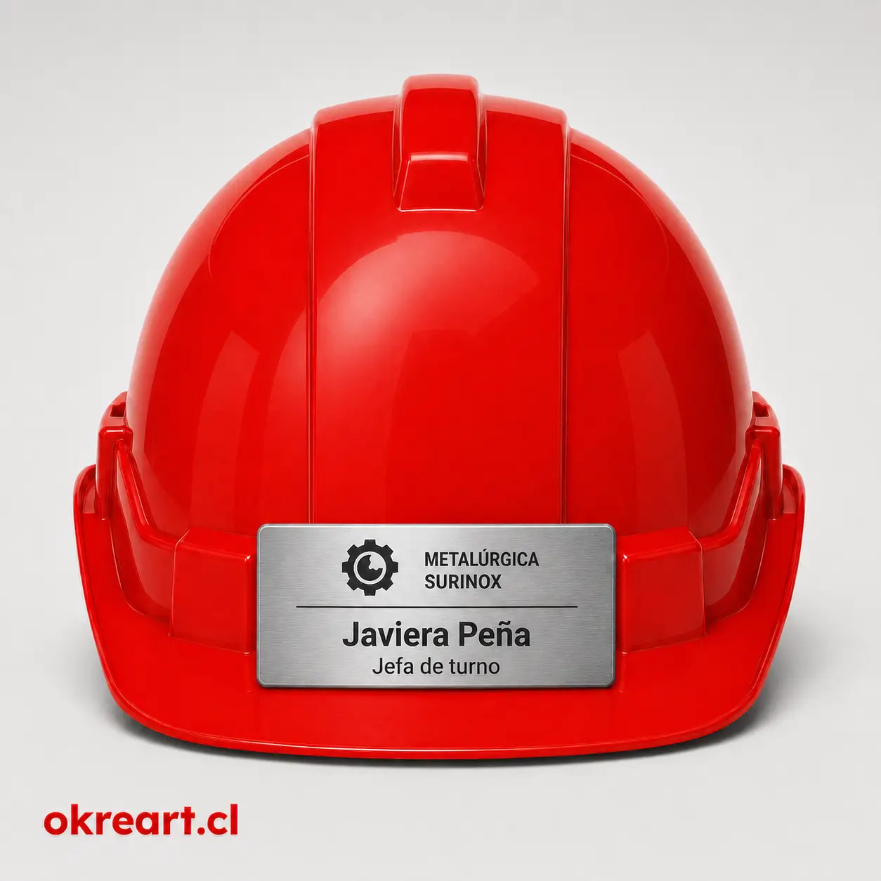 Placa plateada para casco de seguridad de 8x3 cm en casco rojo, vista frontal, personalizada con nombre y cargo