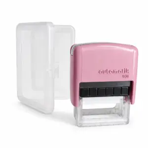 Sello automático Automatik 901 personalizado 18x38 mm para nombre cargo y RUT rosado