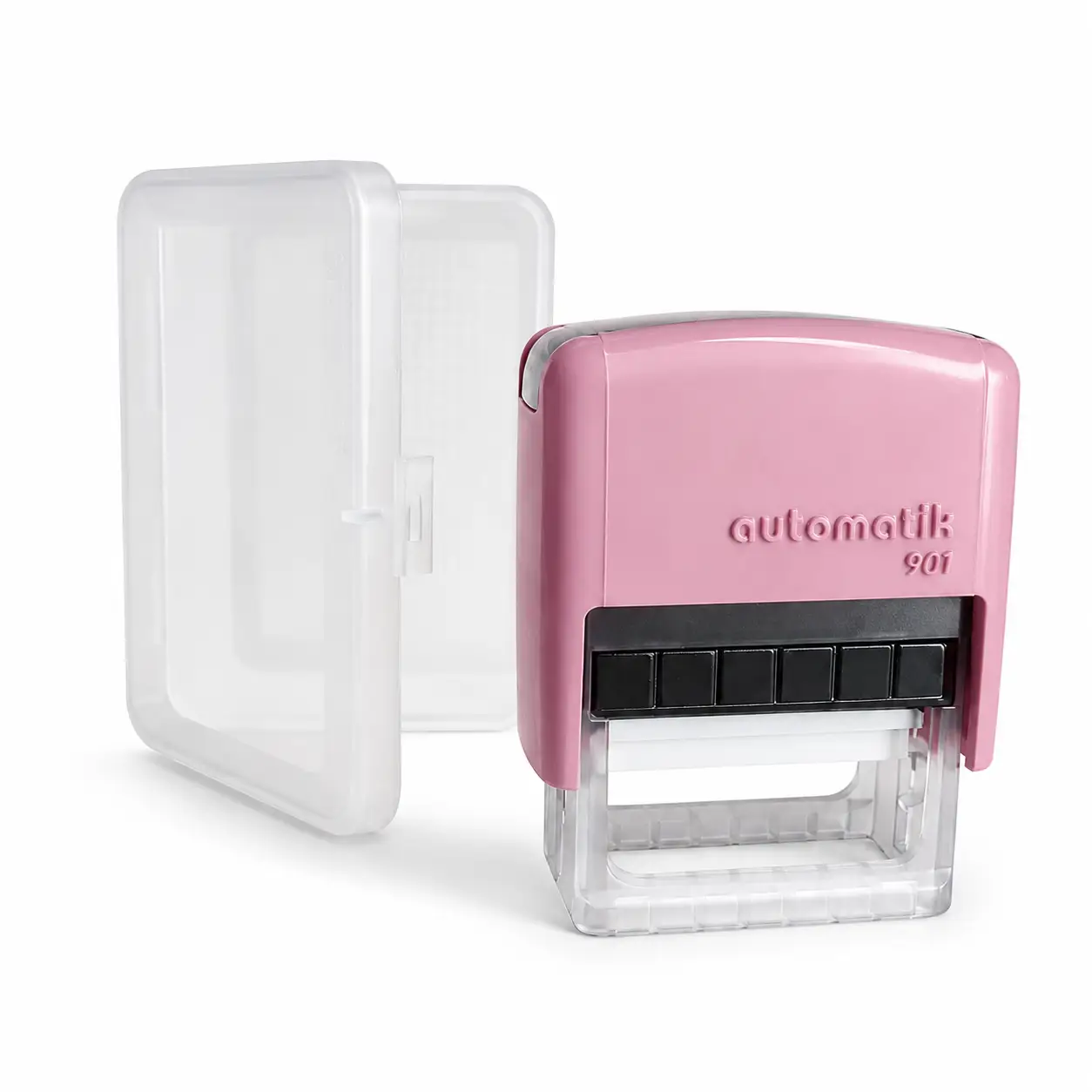 Sello automático Automatik 901 personalizado 18x38 mm para nombre cargo y RUT rosado