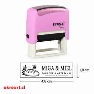 Sello automático Traxx Printer 9012 personalizado 48x18 mm para nombre, cargo y RUT rosado.