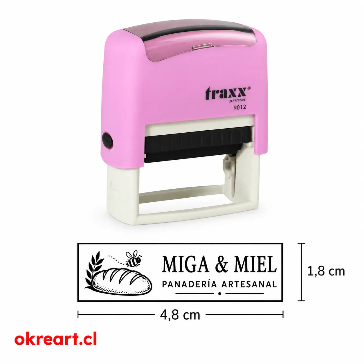 Sello automático Traxx Printer 9012 personalizado 48x18 mm para nombre, cargo y RUT rosado.