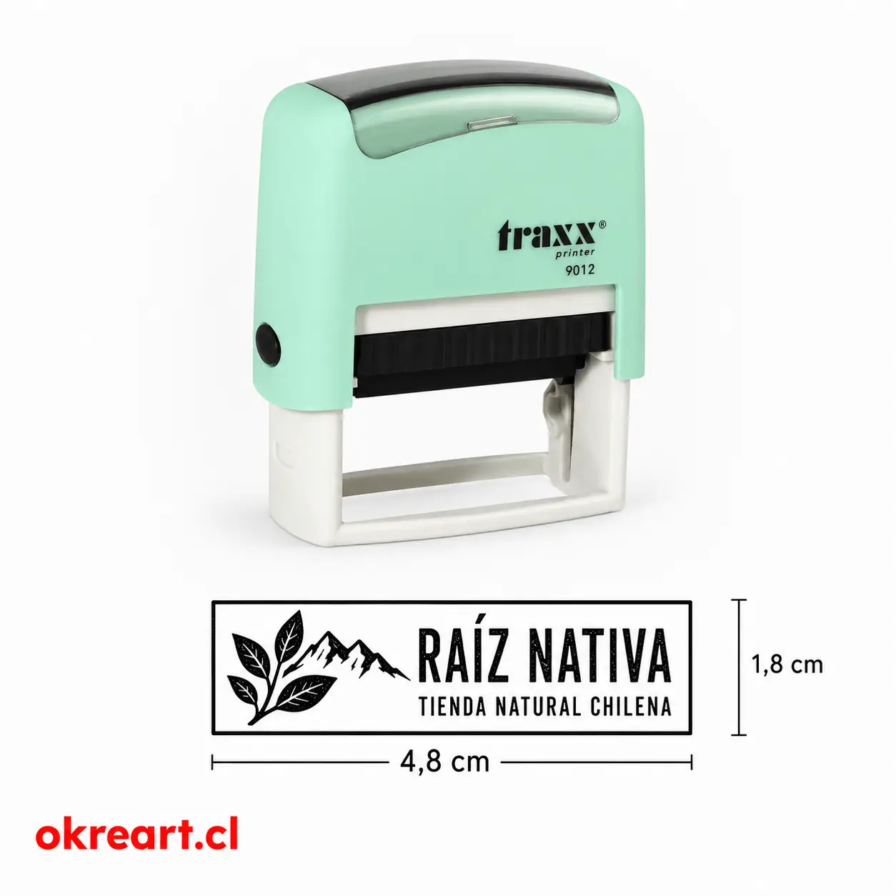 Sello automático Traxx Printer 9012 personalizado 48x18 mm para nombre, cargo y RUT verde.