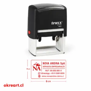 Sello automático Traxx Printer 9027 personalizado 60x40 mm con logo y datos de empresa