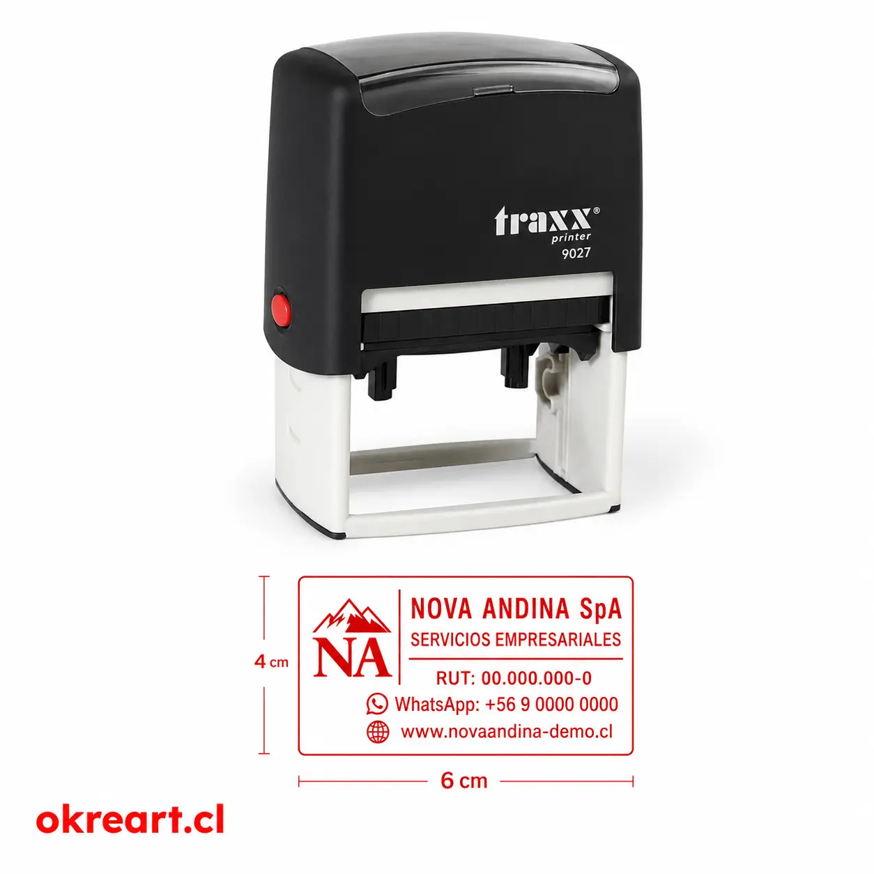 Sello automático Traxx Printer 9027 personalizado 60x40 mm con logo y datos de empresa