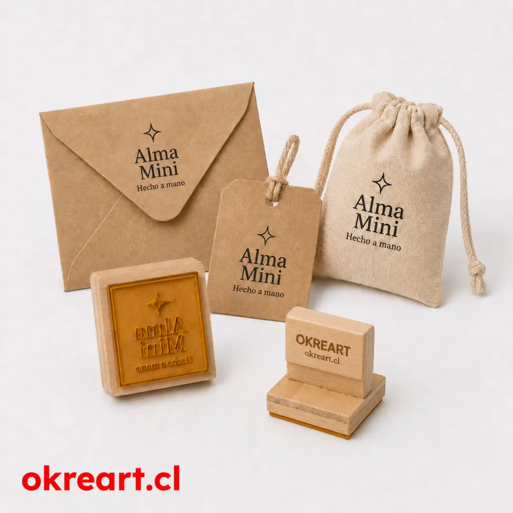 timbre de madera personalizado 4x4 cm con pol&iacute;mero HD, mango OKREART y packaging kraft peque&ntilde;o, etiqueta y bolsa de tela con identidad Alma Mini