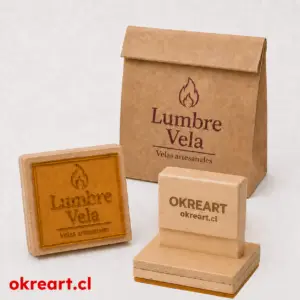 timbre de madera personalizado 5x5 cm con polímero HD, mango OKREART y bolsa kraft para velas y sello Lumbre Vela