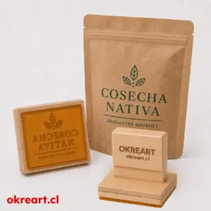 timbre de madera personalizado 7x7 cm con polímero HD, mango OKREART y doypack kraft gourmet Cosecha Nativa y sello de madera.