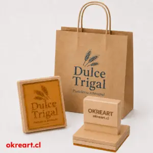 timbre de madera personalizado 8x8 cm con polímero HD, mango OKREART y bolsa kraft de pastelería Dulce Trigal y sello de madera 8x8